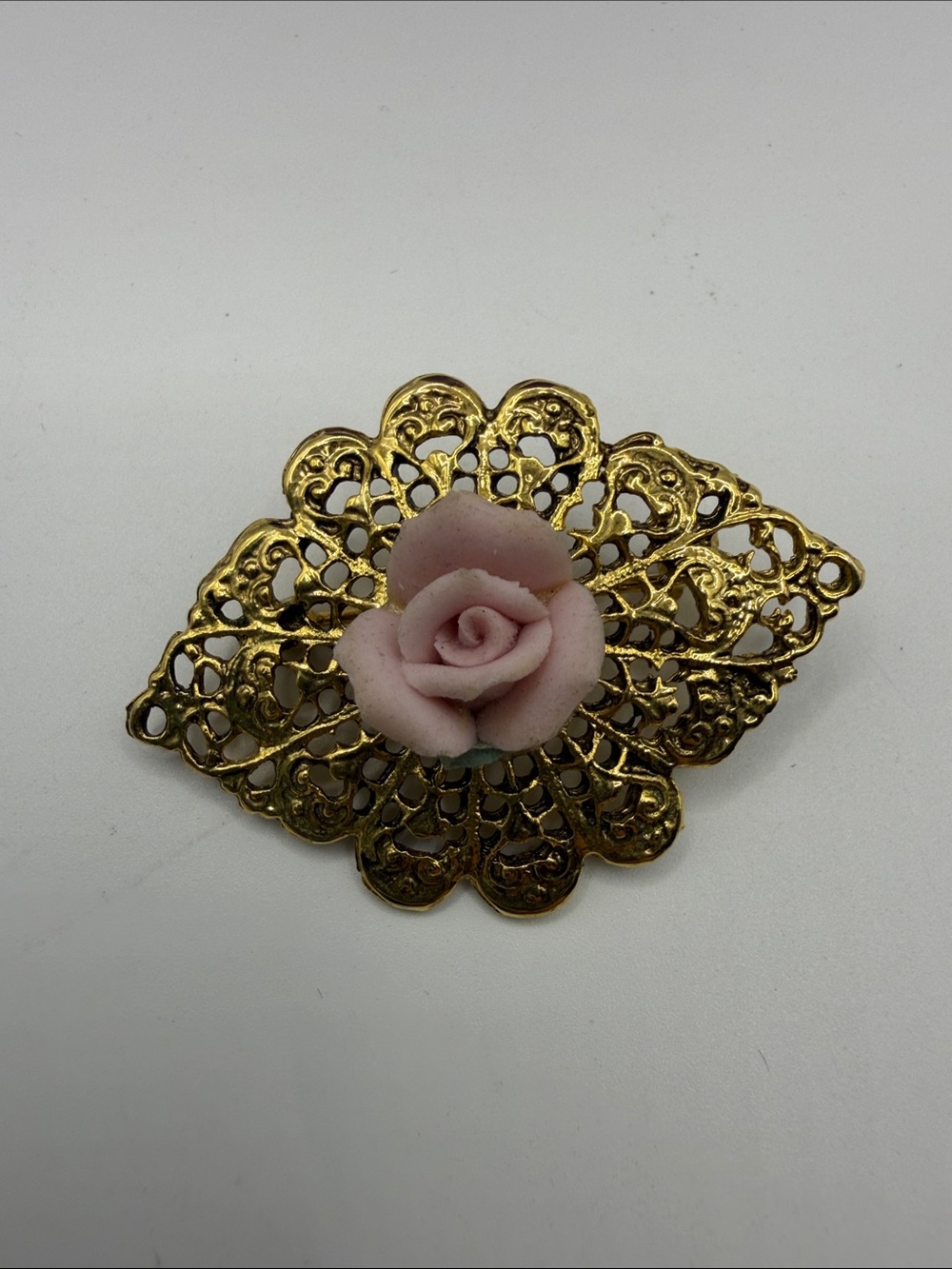 Vintage Pink Porcelain Rose Gold Tone Filigree Floral Brooch